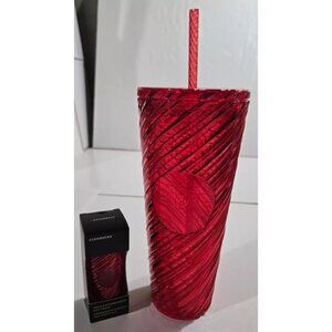 Starbucks Christmas Red Tumbler Swirl 2024 Ornament Keychain Straw 24 oz NEW